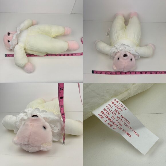 Vtg Puffy Teddy Bear Pink Plush White Yellow Outfit Parachute Body Nylon w Lace - Picture 3 of 9